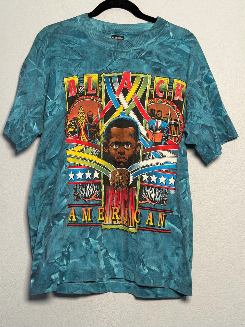 Vintage 90s Screen Stars Teal Tie-Dye 'Black American' Graphic Short Sleeve Tee